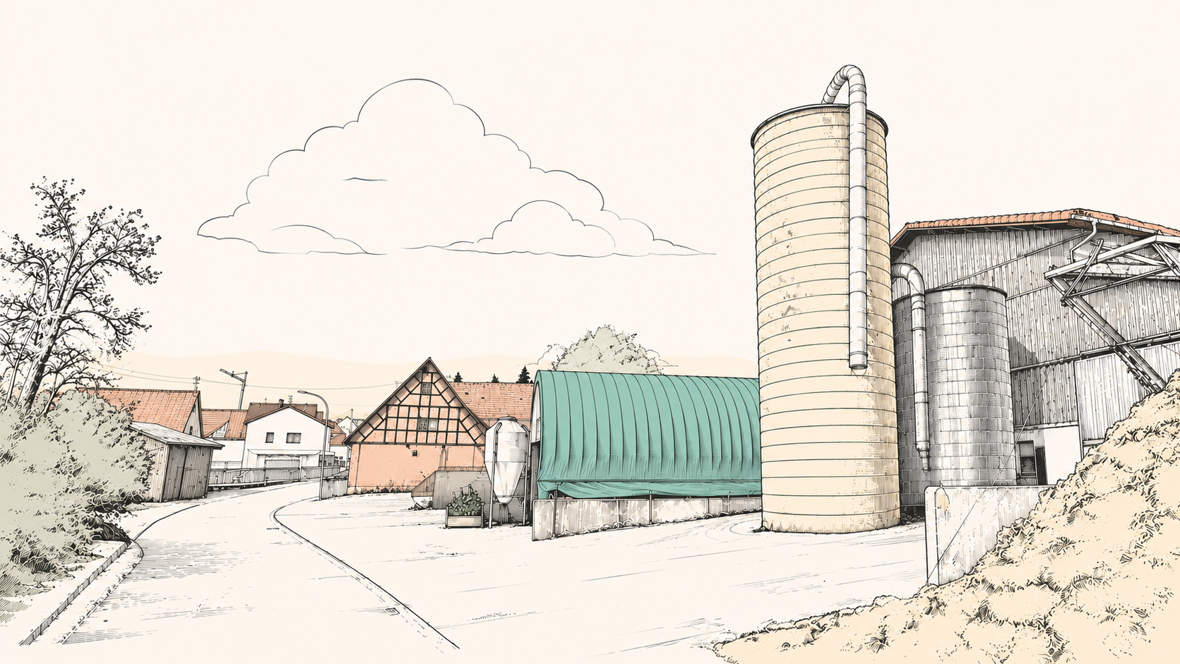 Illustration des Weilers mit Silo, Scheune und Fachwerkhaus